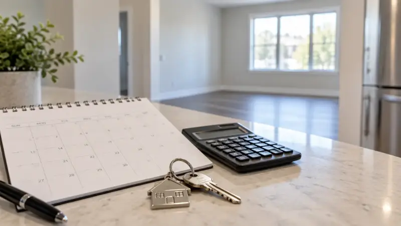An image of a calendar, calculator, and house keys inside a vacant apartment representing the calculations needed to be done to figure out if you should reduce rent or accept a longer vacancy