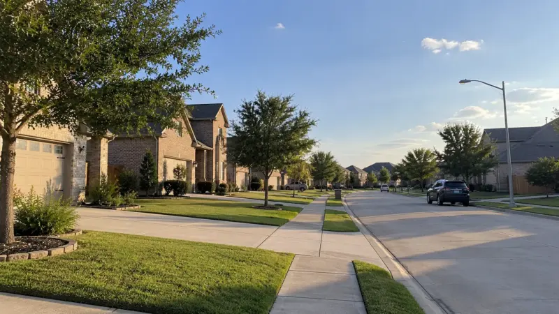 Street view of a Katy Texas neighborhood suburb showing well kept and maintained properties