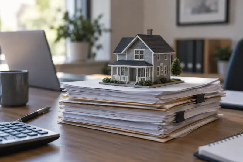 A model house on a stack of documents inside of a professional property management companies offices representing the work required to manage a rental property