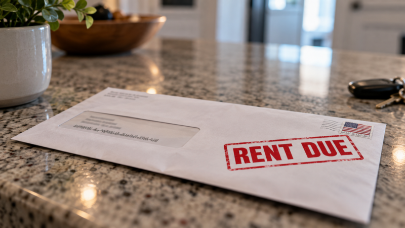 A piece of mail on a Texas renters countertop with RENT DUE stamped on it, indicating late rent payments