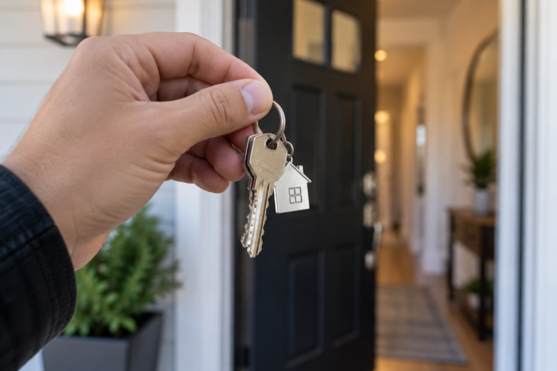 A new or renewed tenant in Texas holding out their housekeys outside the Texas property they are renting 