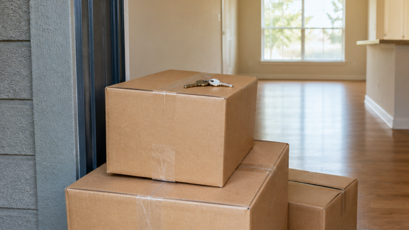 Packed boxes outside the front door of a Texas property as the renter prepares to move out