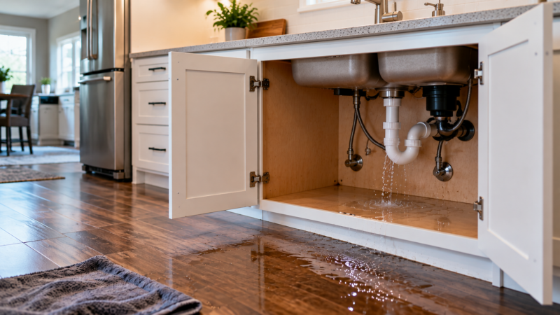 Water leaking from kitchen sink plumbing and pooling on the floor, illustrating an emergency maintenance issue in a Houston rental property.