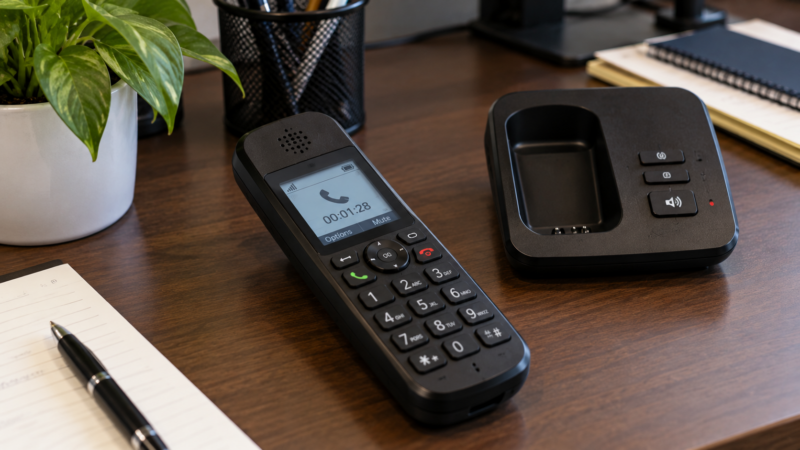 Office phone in use during a call, representing emergency maintenance reporting and communication for Houston rental properties.