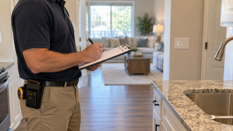 Property inspector completing an inspection checklist inside a rental home, illustrating preventive maintenance for Houston rental properties.
