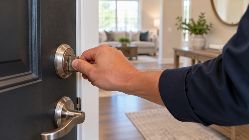 Hand testing a front door deadbolt lock, illustrating final security and maintenance checks before a new tenant moves into a Katy rental property.