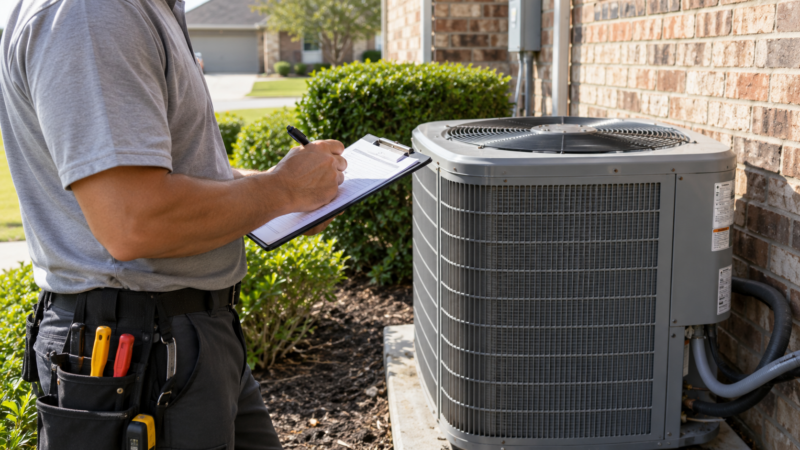 HVAC technician completing an inspection checklist beside an outdoor air conditioning unit, illustrating pre-rental maintenance for Katy homes.