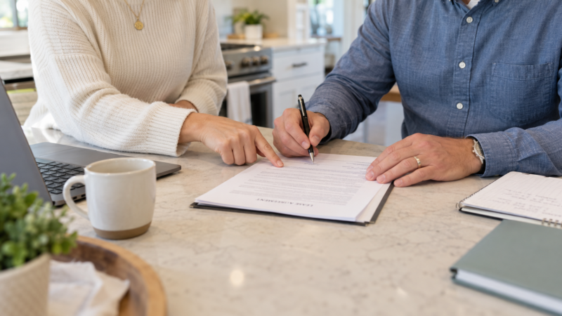 Two people reviewing and signing a residential lease agreement, illustrating the rental paperwork process for Katy, Texas landlords.
