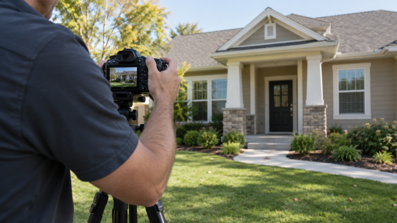 Real estate photographer taking exterior listing photos of a suburban home, illustrating professional rental property marketing in Katy, Texas.