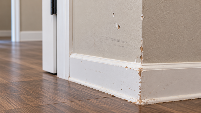 Scuffed walls, chipped paint, and damaged baseboards in a vacant rental home, illustrating move-out condition assessments for Katy landlords.