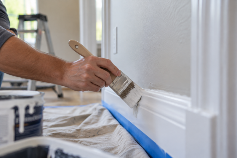 Person applying fresh white paint to interior baseboards, illustrating cosmetic repairs and rental property turnover preparation in Katy, Texas.