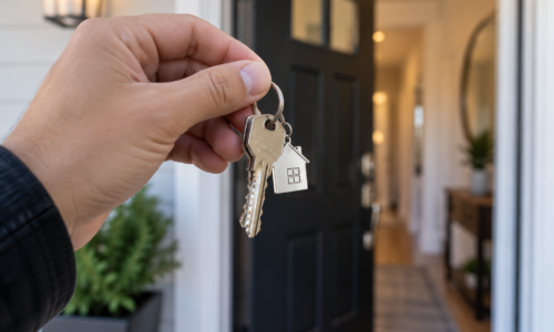 A new or renewed tenant in Texas holding out their housekeys outside the Texas property they are renting