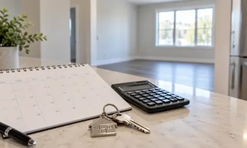 An image of a calendar, calculator, and house keys inside a vacant apartment representing the calculations needed to be done to figure out if you should reduce rent or accept a longer vacancy