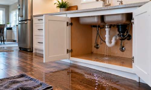 Water leaking from kitchen sink plumbing and pooling on the floor, illustrating an emergency maintenance issue in a Houston rental property.