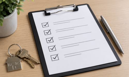 Checklist on a clipboard beside house keys, representing steps Katy homeowners should complete before renting out their property.